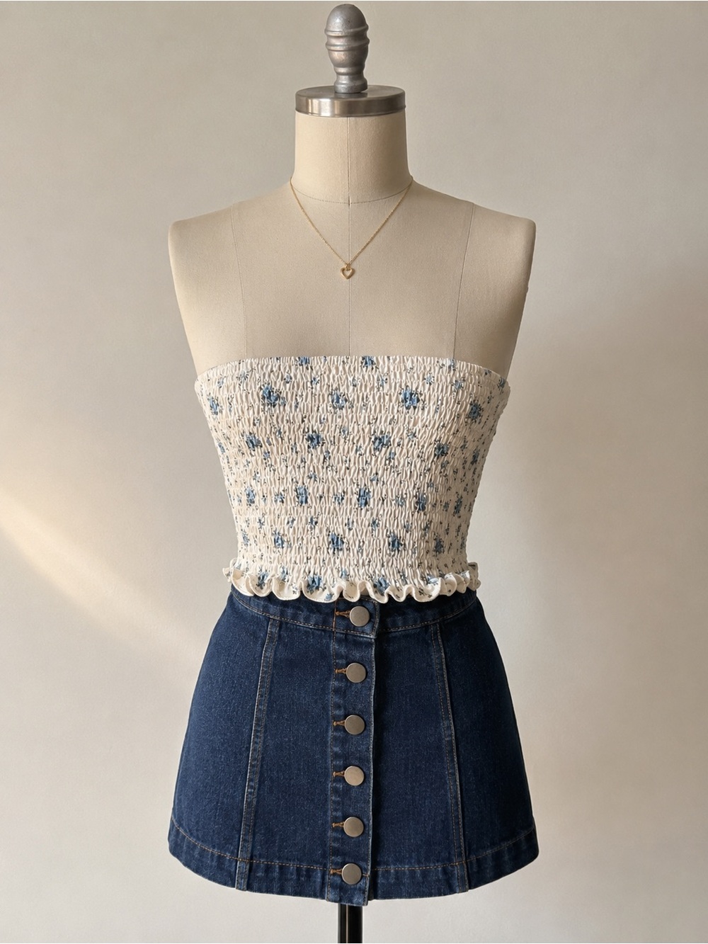 Blue Ditsy Floral  Tube Top Smocked Y2K Coquette S